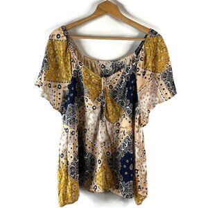 CATO Womens Blouse Top Size 4X 26/28W Yellow Blue Paisley Floral Sweetheart